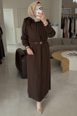 Kahverengi SİM ŞERİTLİ KEMERLİ ELBİSE 2028