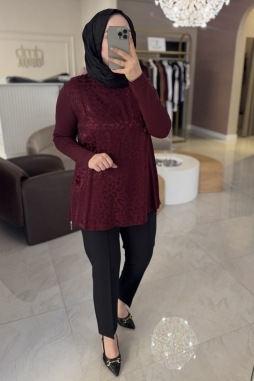Bordo İPEK DETAYLI MERSERİZE FERMUARLI TUNİK