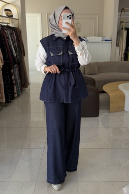 Jean Yelekli Taş İşlemeli 3 Lü Takım