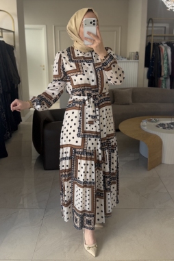 Merwish Ekru Elegante Puantiye Elbise