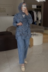 Tıg Trıko Lacivert Kruvaze Jakarlı Denim Ceket Düz Denim Pantolon Takım 5120