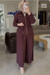 Nuss Bordo Büzgü Detaylı Geniş Pantolonlu Takım