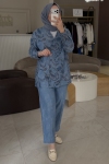Tıg Trıko Lacivert Kruvaze Jakarlı Denim Ceket Düz Denim Pantolon Takım 5120