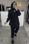 Siyah Yaka Taş İşleme Dokulu Ceket