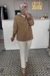 Camel Önden Fermuarlı Cebi Saat Nakışlı Gömlek