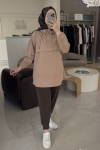 Tıg Trıko Camel Yarım Fermuarlı Kapüşonlu Tunik