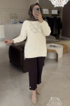 Nuss Ekru Angora Göğüs  Üstü Taşlı Tunik 7002