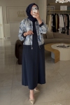 Jenne Premium Lacivert Batik Bomber Ceketli Elbise