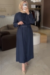 Nuss İndigo Nervür Detaylı Kemerli Elbise 2050