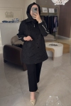 Selinada Siyah Motif Kumaş Kolları Taşlı Giyçık
