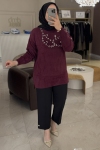Nuss Bordo Angora Göğüs  Üstü Taşlı Tunik 7002