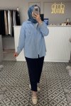 Mavi Önden Fermuarlı Cebi Saat Nakışlı Gömlek