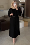Nuss Siyah Nervür Detaylı Kemerli Elbise 2050