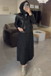 Siyah TAŞ İŞLEME ETEKLİ DERİ CEKETLİ TAKIM
