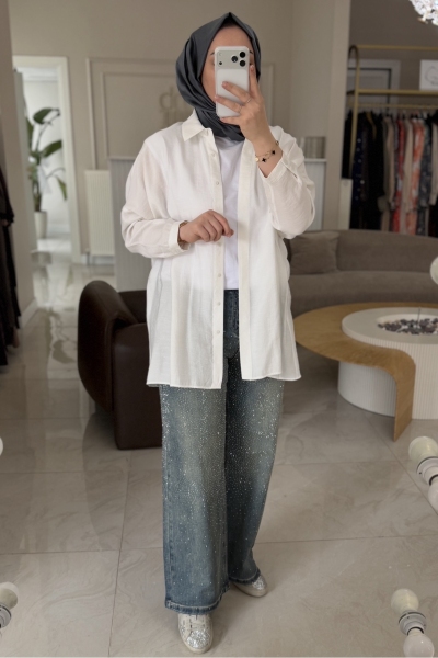 Ghisa Mavi Taş Detaylı Geniş Paça Jean