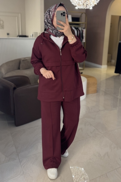 Merwish Bordo Modal Basıc Sweatshirt Takım