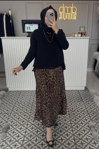 Leopar Leopar Saten Kloş Etek