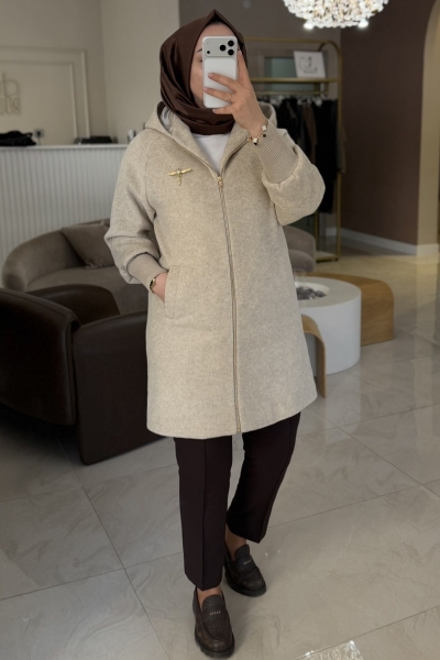 Esswaap Bej Fermuarlı Kapüşonlu Kaban