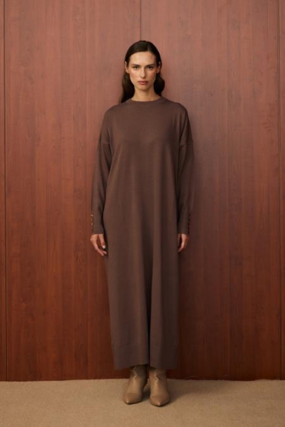 Merwish Kahverengi Basic Triko Elbise 1508