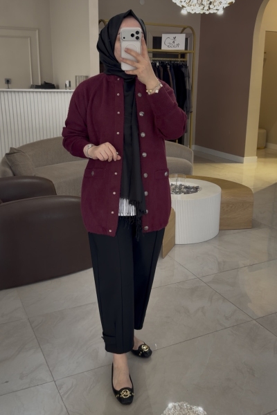 Nuss Bordo Angora Cepli Uzun Hırka 7008