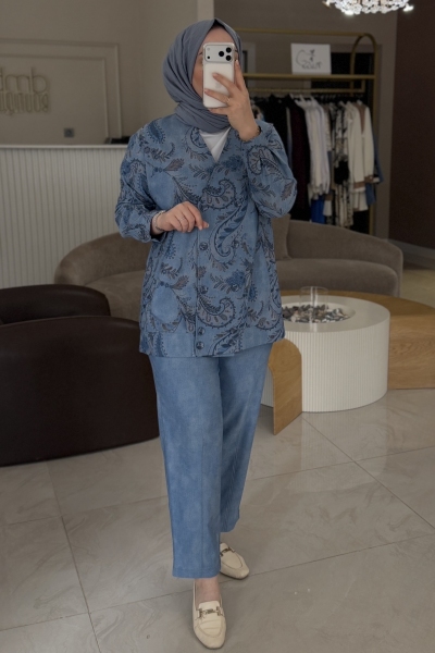 Tıg Trıko Lacivert Kruvaze Jakarlı Denim Ceket Düz Denim Pantolon Takım 5120