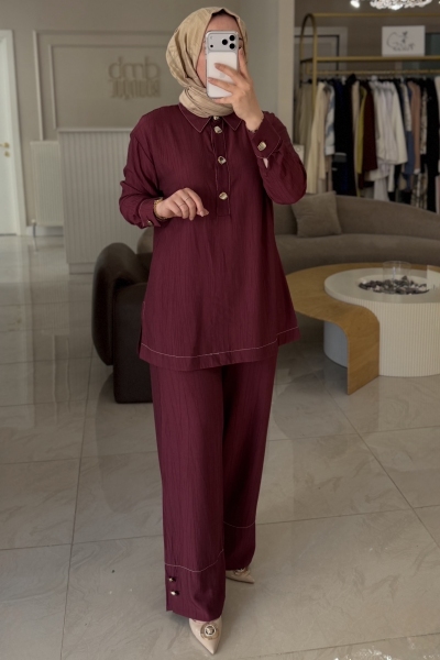 Jenne Premium Bordo Düğme Aksesuarlı İkili Tensel Takım