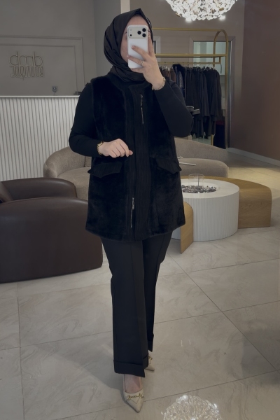 Tıg Trıko Siyah Kürk Kombinli Yelek