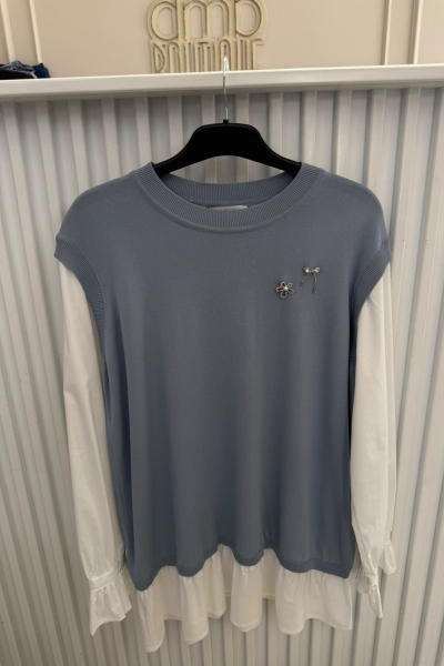 Tıg Trıko Mavi Gömlek Görünümlü  Metal Broş Detaylı Rayon Tunik
