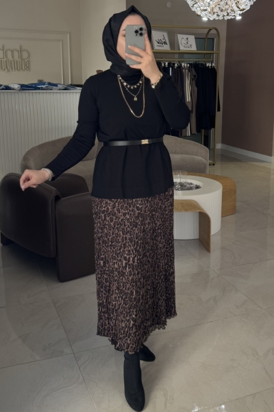 Sentez Grup Kahverengi Leopar Kırıştırma Etek