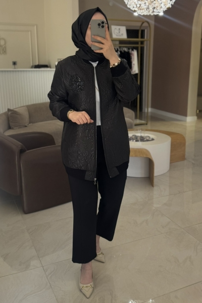 Nuss Siyah Yaprak Desenli Kapitone Kap 6013