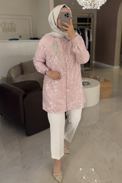 Pembe Tasarım Payet Gömlek