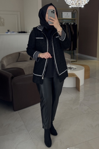 Lısa Exclusıve Siyah Tüvit Ekose Ceket Deri Pantolon Takım
