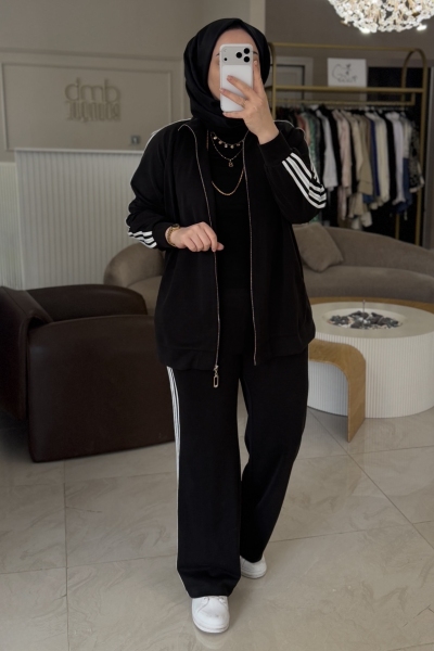 Nuss Siyah Şerit Detaylı Tam Fermuarlı Takım 1092