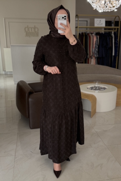 Nuss Kahverengi Düğme Detay İpek Elbise