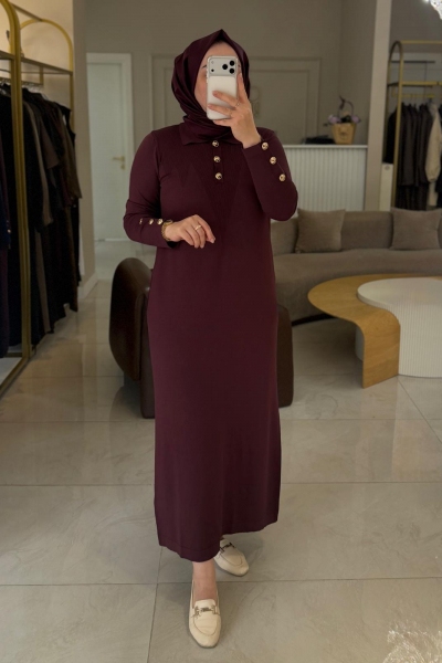 Nuss Bordo Kol Ve Yaka Düğme Detaylı Elbise 801