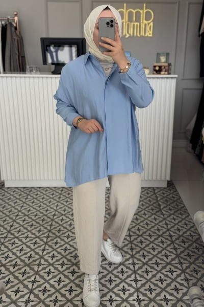 Mavi Tensel Rahat Gömlek-3001