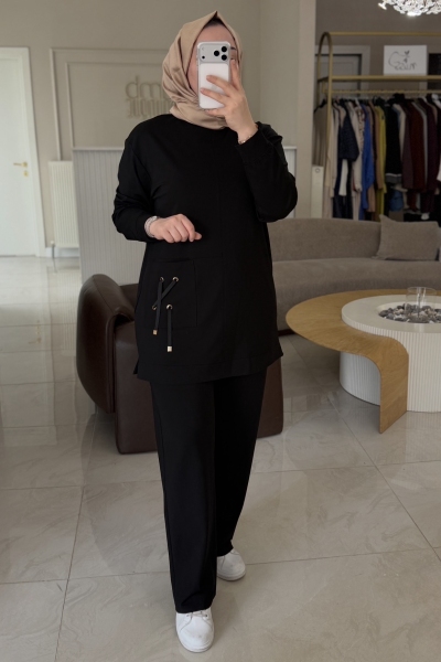 Nuss Siyah Cepleri İp Detaylı Pantolonlu 1094 Takım