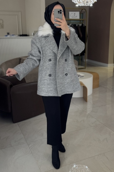 Lısa Exclusıve Gri Gri Kaşe Kürklü Kaban 6080