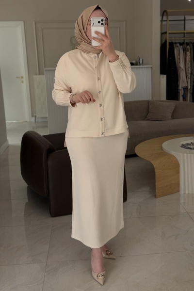 Tıg Trıko Bej Nervür Detay Etek Takım