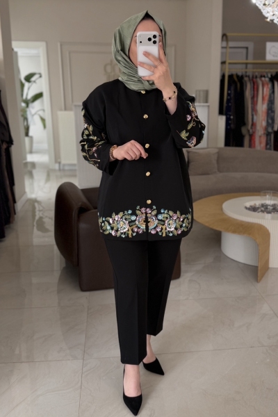 Ghisa Siyah Siyah Premium Süs Detay Ceket