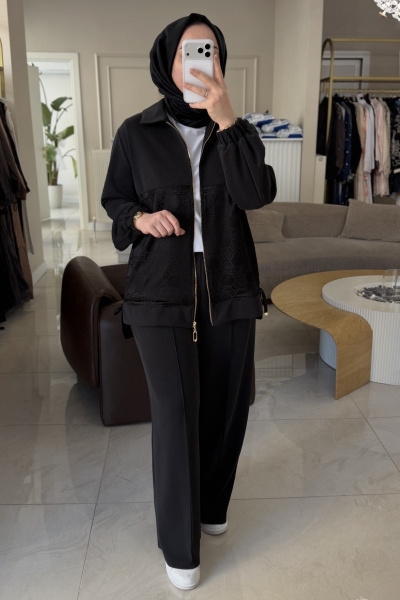 Nuss Siyah Jakar Kumaş Detaylı Takım 1048 