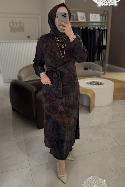 Nuss Karışık İpek Kupra Desen Elbise