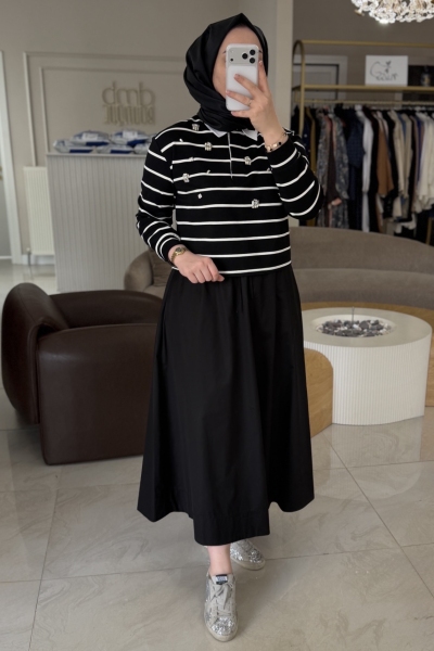 Wennora Siyah Çizgili Sweat Etek Takım