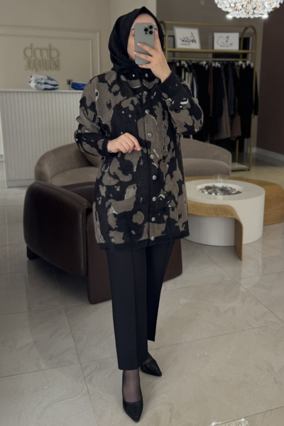 Nuss Siyah Angora Desen Uzun Hırka