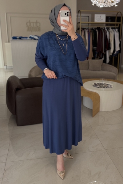 Nuss İndigo Jakar Desenli Büzgü Etekli Takım 1058