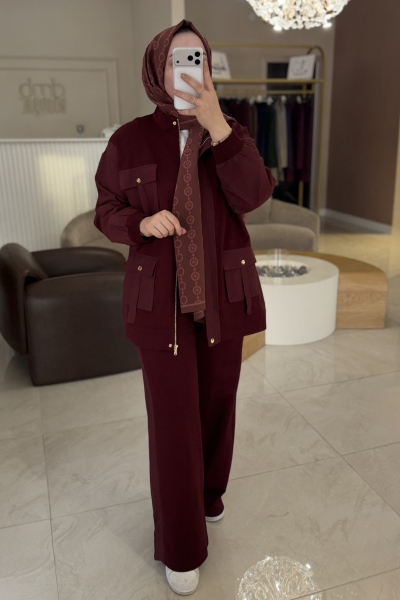 Dmb Butik Bordo Cep Çıt Detaylı Pantolonlu Takım