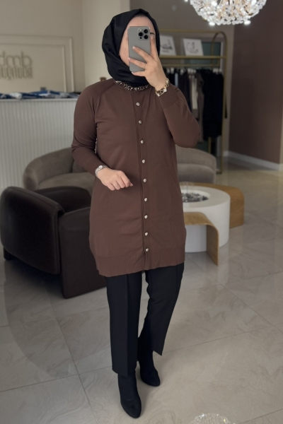 Nuss Kahverengi Yakası Taş İşleme Hırka 300T