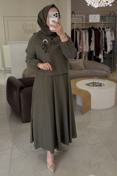 Esswaap Haki Broşlu Koton Etekli Takım