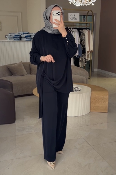 Ghisa Lacivert Büzgü Detaylı Gümüş Düğmeli Takım