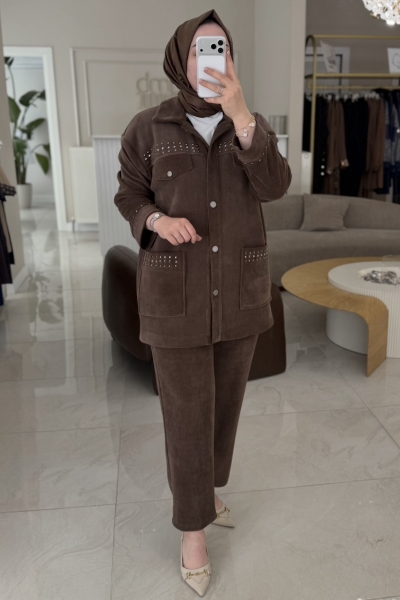 Tıg Trıko Kahverengi Zımba Ve İşleme Detaylı Fitilli Kadife Pantolonlu Takım